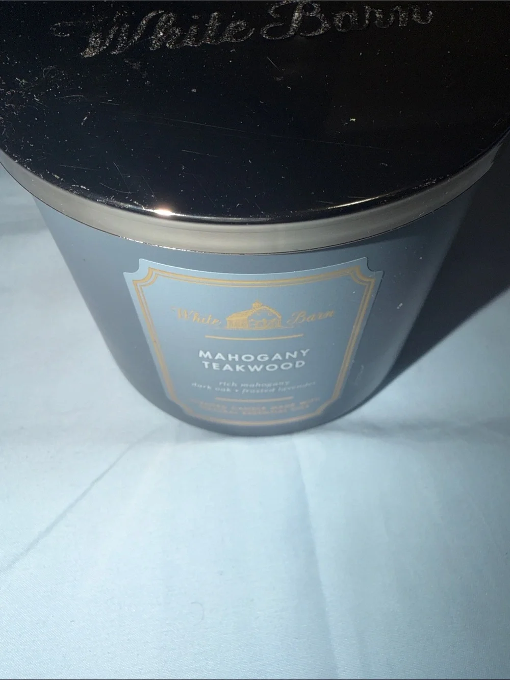 White Barn Blue-Gray Mahogany Teakwood Candle with Gold Trim - Picture 2 of 4